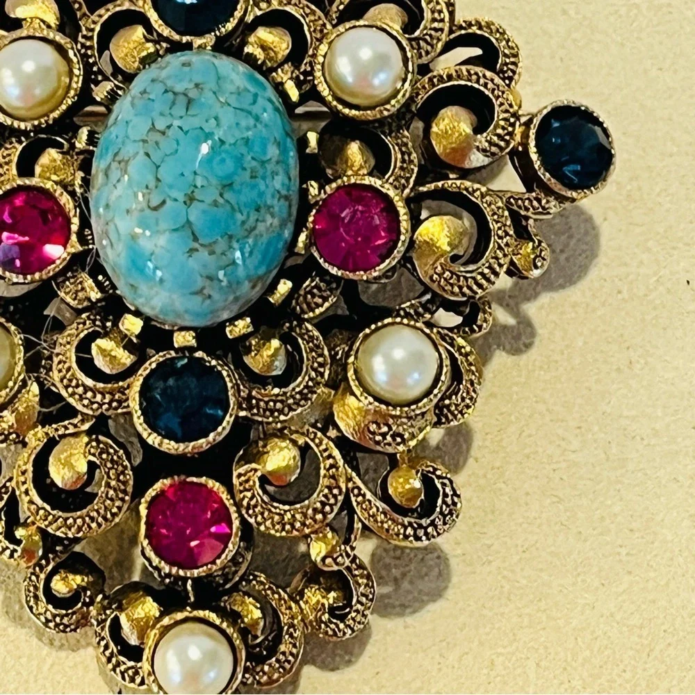 Vintage Gold Tone and Turquoise Brooch with Pearl Drop